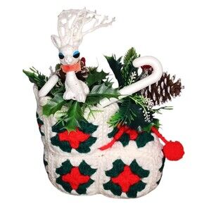 Vtg Handmade Hand Crocheted Christmas Stocking Tabletop Decoration Kitsch Deer